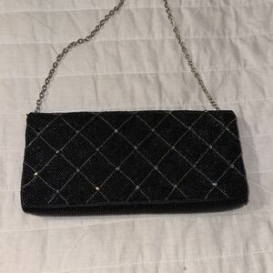 franchi Vintage Black Pearly Blue Silver Tone Chain Beaded Evening Bag Clutch